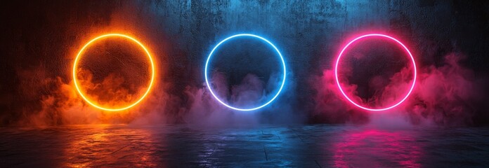 Wall Mural - Isolated blue neon light circles against a black backdrop. A modern, lifelike depiction of luminous round frames in the darkness, with sparkling particles, hinting at a futuristic space.