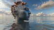 © Zhanna - A realistic 3D rendering of a human face sculpted from puzzle pieces, emerging from a calm ocean under a partly cloudy sky. The conceptual image explores identity, connection, and the fragmented human