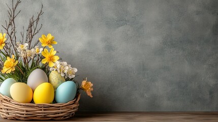 Wall Mural - A wicker basket filled with pastel-colored Easter eggs sits on a wooden table. Surrounding the eggs are fresh blooming branches and green grass accents, celebrating springtime