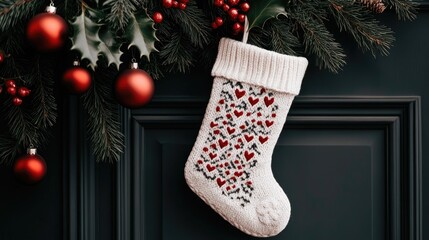 Wall Mural - A decorative Christmas stocking is draped on evergreen branches adorned with shiny red ornaments, creating a cozy holiday atmosphere perfect for the festive season