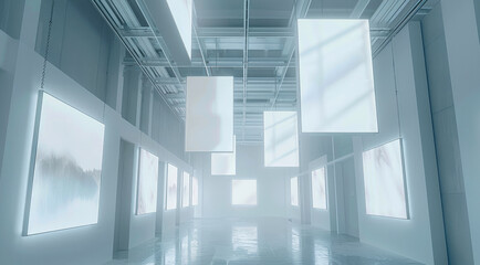 Poster - Fine art gallery of blank White canvas art frames hanging from the ceiling in very high resolution. For mock-up artwork background.