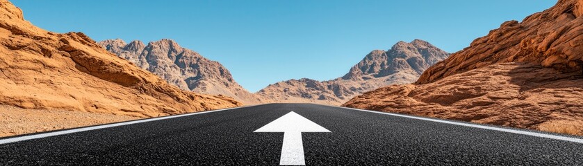 Asphalt road with white arrow roadway. White arrow on asphalt, framed by rocky canyons, under the vast expanse of a clear desert sky