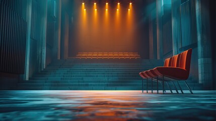Aufkleber - Modern academic palace, stage lighting, an empty chair outside the auditorium door, calm tones, modern setting.