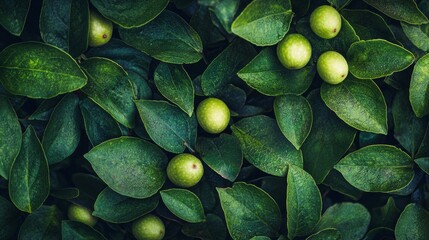 Wall Mural - Green leaves and small fruits in natural arrangement