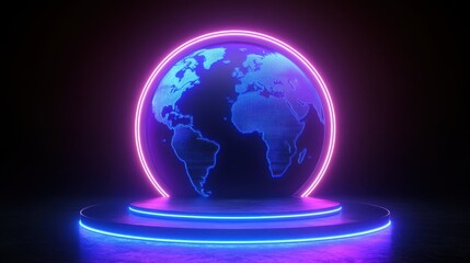 Wall Mural - neon globe with light effects on dark background for technology display