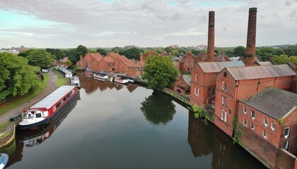 Wall Mural - old red brick mill by the canal, houseboats, in the UK, AI gener