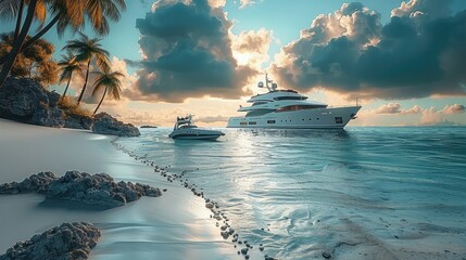 Wall Mural - Beautiful island, beach, palms, cloudy, yacht, luxury, ship, stones.