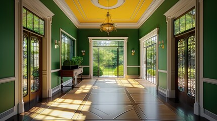 Wall Mural - Classic carriage house. fabulous interior design. green walls, yellow ceiling interior.