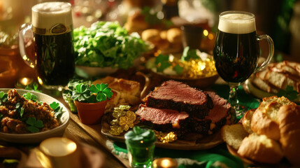 Festive irish feast st. patrick's day celebration with traditional food and drinks