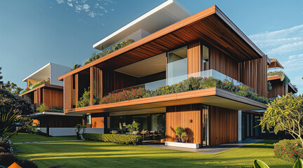 Poster - A modern apartment building with sleek wooden facades and green terraces, surrounded by lawn and a few colorful plants and a bright blue sky.