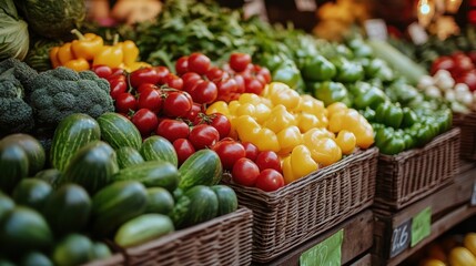 Wall Mural - A vibrant display of fresh vegetables including an assortment of colorful bell peppers, juicy tomatoes, and crisp cucumbers at a local farmers market.