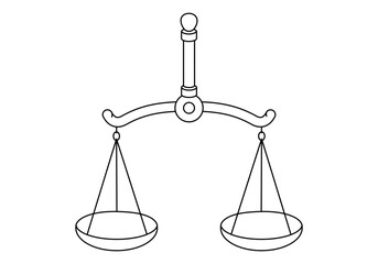 Wall Mural - Hand drawn cute outline illustration balance scales. Flat vector mass measurement device line art doodle. Equal in weight bowls icon, print. Justice and law concept. Equilibrium and control. Isolated.