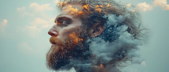 Poster - Surreal Double Exposure Portrait of a Man with Flowing Clouds Merging into His Hair, Symbolizing Dreams, Thoughts, and Emotions in a Creative Visual Art Composition