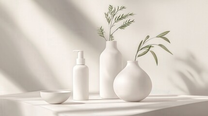 Poster - Minimalist home decor with vases and plants indoor space still life photography natural light contemporary aesthetic