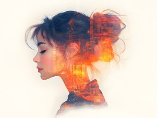 Poster - Profile of a Young Woman with Double Exposure Effect Showcasing a Vibrant City Skyline and Warm Sunset Colors in an Artistic and Dreamy Composition