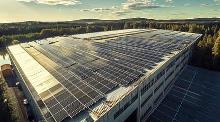 Aufkleber - Warehouse with solar panels on the roof nature surrounding. taken from an elevated position.