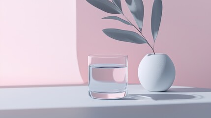 Poster - Minimalist water glass with leafy accent modern table setting still life soft color palette serene atmosphere product display