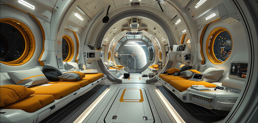 Poster - Interior view of a spaceship cabin as it flows through deep space.