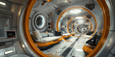 Poster - Interior view of a spaceship cabin as it flows through deep space.