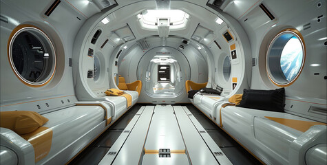 Poster - Interior view of a spaceship cabin as it flows through deep space.
