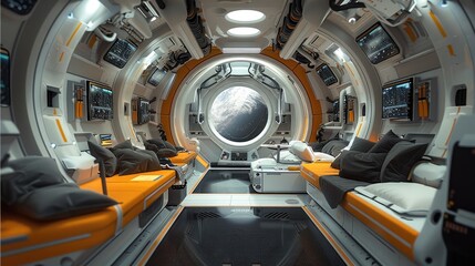 Poster - Interior view of a spaceship cabin as it flows through deep space.