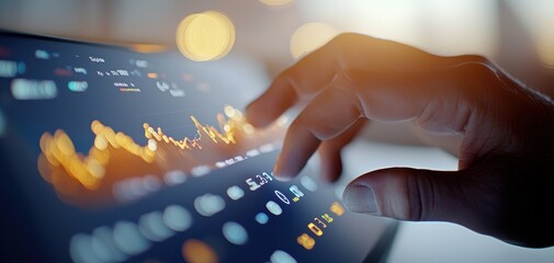 Leinwandbilder - technology cybersecurity trends concept. A close-up of a hand interacting with a digital screen displaying data visualizations, possibly related to finance or analytics.