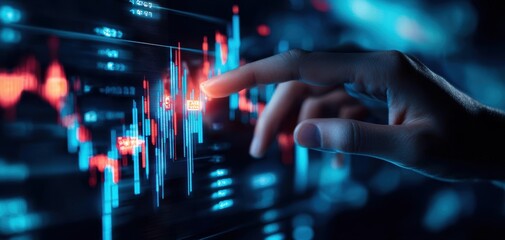 Leinwandbilder - technology cybersecurity trends concept. A hand interacts with a digital display of financial data, showcasing vibrant graphs and indicators against a dark background.