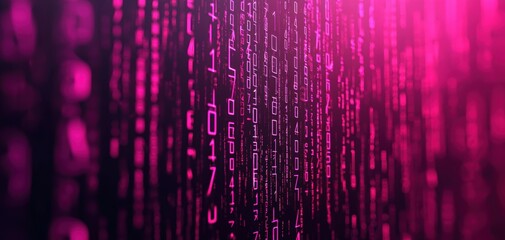 Fototapete - technology cybersecurity trends concept. A vibrant, digital backdrop featuring cascading binary code in shades of purple and pink, evoking themes of technology and data.