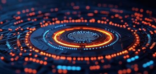 Poster - technology cybersecurity trends concept. A vibrant, abstract representation of a digital circuit, featuring glowing orange and blue lights arranged in concentric patterns.