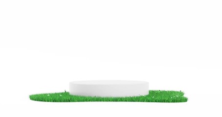 Poster - 4k Resolution Video: White Promotion Product Display Podium with Green Grass Patch Seamless Loop Rotating on a White Background