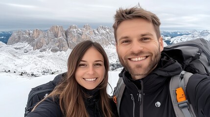 A young couple smiles happily while taking a selfie on a mountain hike. They are surrounded by breathtaking snowy peaks under a clear blue sky in the Dolomites