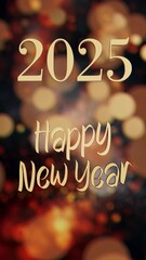 Poster - 4k Resolution Vertical Video for Social Media: 2025 Happy New Year Sign on a Golden Christmas Bokeh Background