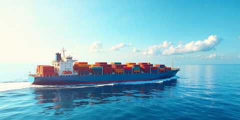 Wall Mural - Cargo ship travels across calm blue waters under a bright sky filled with fluffy clouds