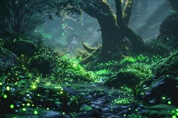 Enchanting Forest Floor Illuminated by Bioluminescent Life