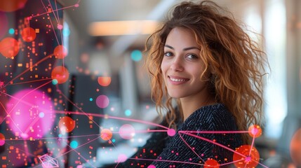 Wall Mural - A woman smiling while sitting at a desk with a computer, data visualizations and many pink, orange and blue networking lines surrounding them.