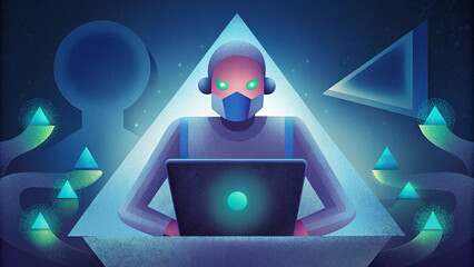 Cyber security expert working on laptop in a futuristic digital environment
