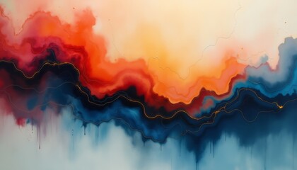 Wall Mural - an abstract background with fluid red and orange waves blending into a calm blue, creating a warm an