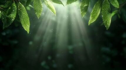 Wall Mural - Sunbeams filtering through lush green leaves in a forest. (1)