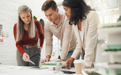 Poster - Blueprint, model and tablet with architect people in office together for building or construction planning. Collaboration, documents or schematics with man and woman property developer team at work