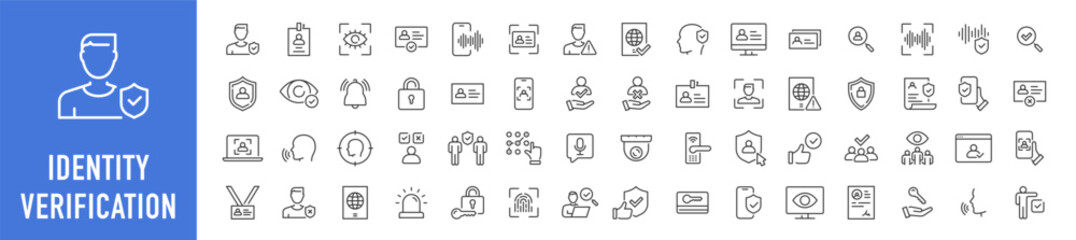 identity and verification web icons in line style. passport, biometric, tools, driving license, face