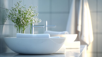 Minimalist bathroom interior featuring a white ceramic sink and subtle decorative elements.