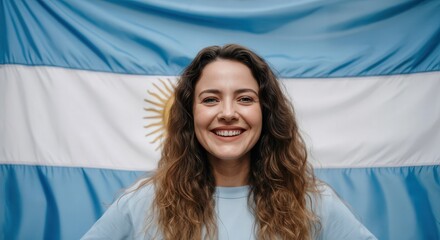 Wall Mural - Celebration of argentine pride featuring a smiling woman with flag background