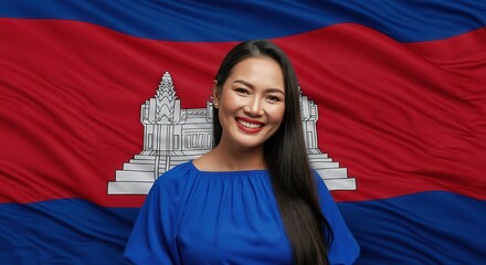 Wall Mural - Cambodian woman smiling against national flag background, embracing cultural pride