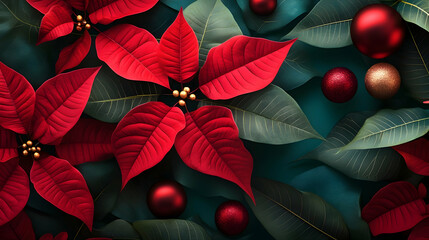 Wall Mural - Abstract background with red Poinsettia leaves. Horizontal composition.