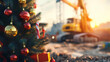 © linda_vostrovska - Decorated Christmas tree with gifts inside a construction site with construction machinery in the background. Concept of Christmas celebration during working.