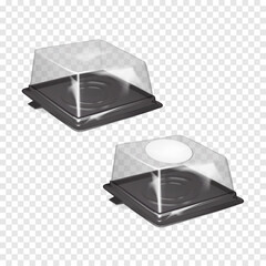Wall Mural - square plastic cake carrier box with clear dome lid and white blank round label sticker. realistic 3