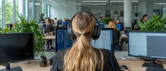 serene tech workspace focused blonde woman at coding desk in modern office interior productive work 