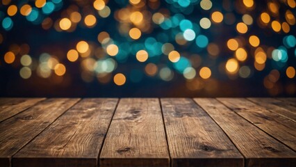 Wall Mural - rustic wood board empty mockup table surface with blue and gold bokeh lights background