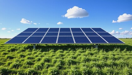 a large solar panels array in a green field under a bright blue sky with scattered clouds, capturing