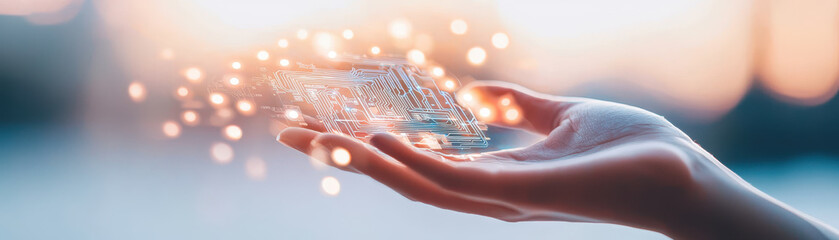 human hand interacts with holographic projection, showcasing circuit design surrounded by glowing pa